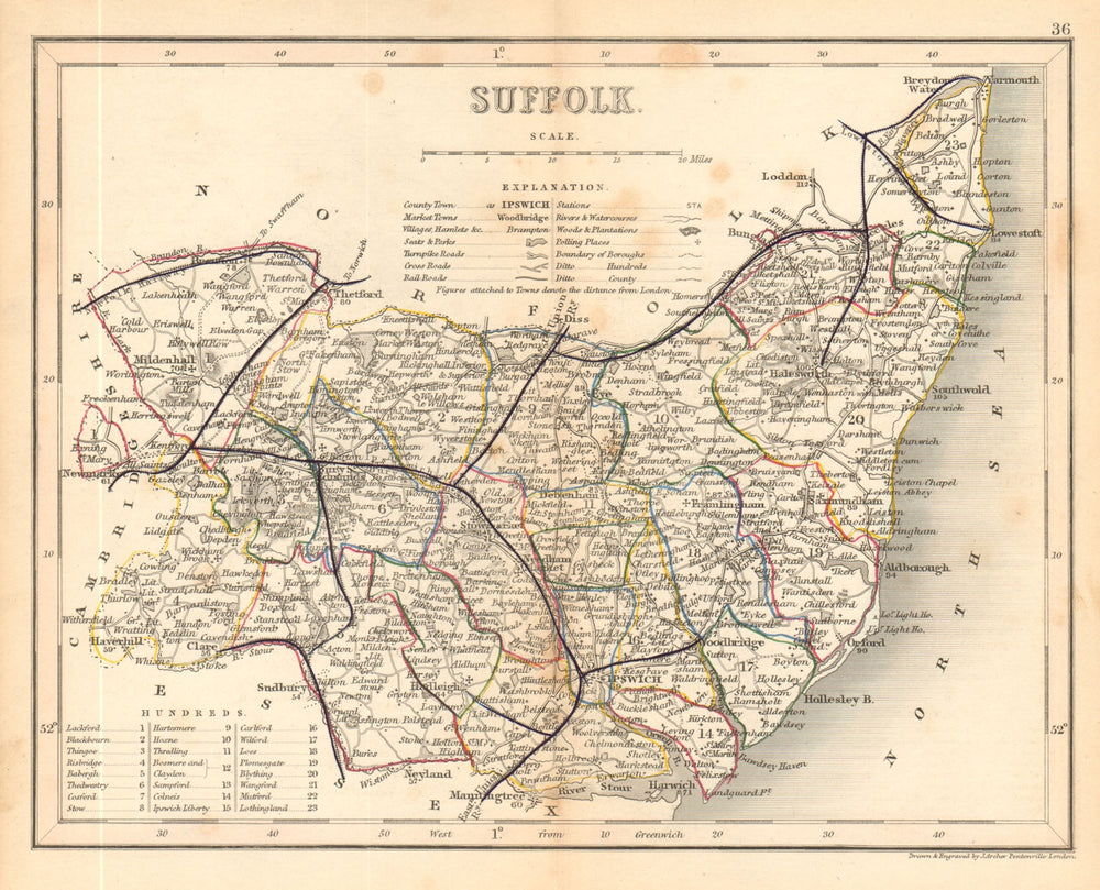 SUFFOLK county map by ARCHER & DUGDALE. Seats polling places 1845 old