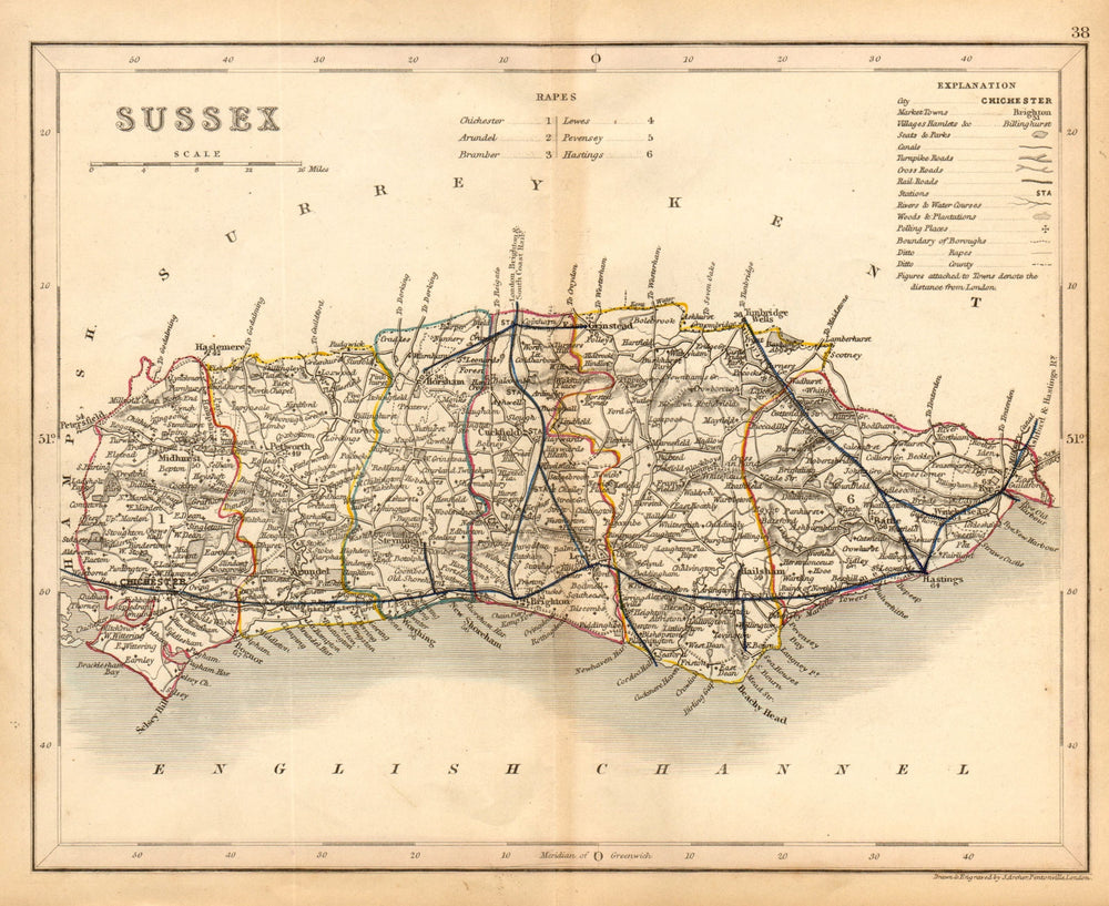 SUSSEX county map by ARCHER & DUGDALE. Seats canals polling places 1845