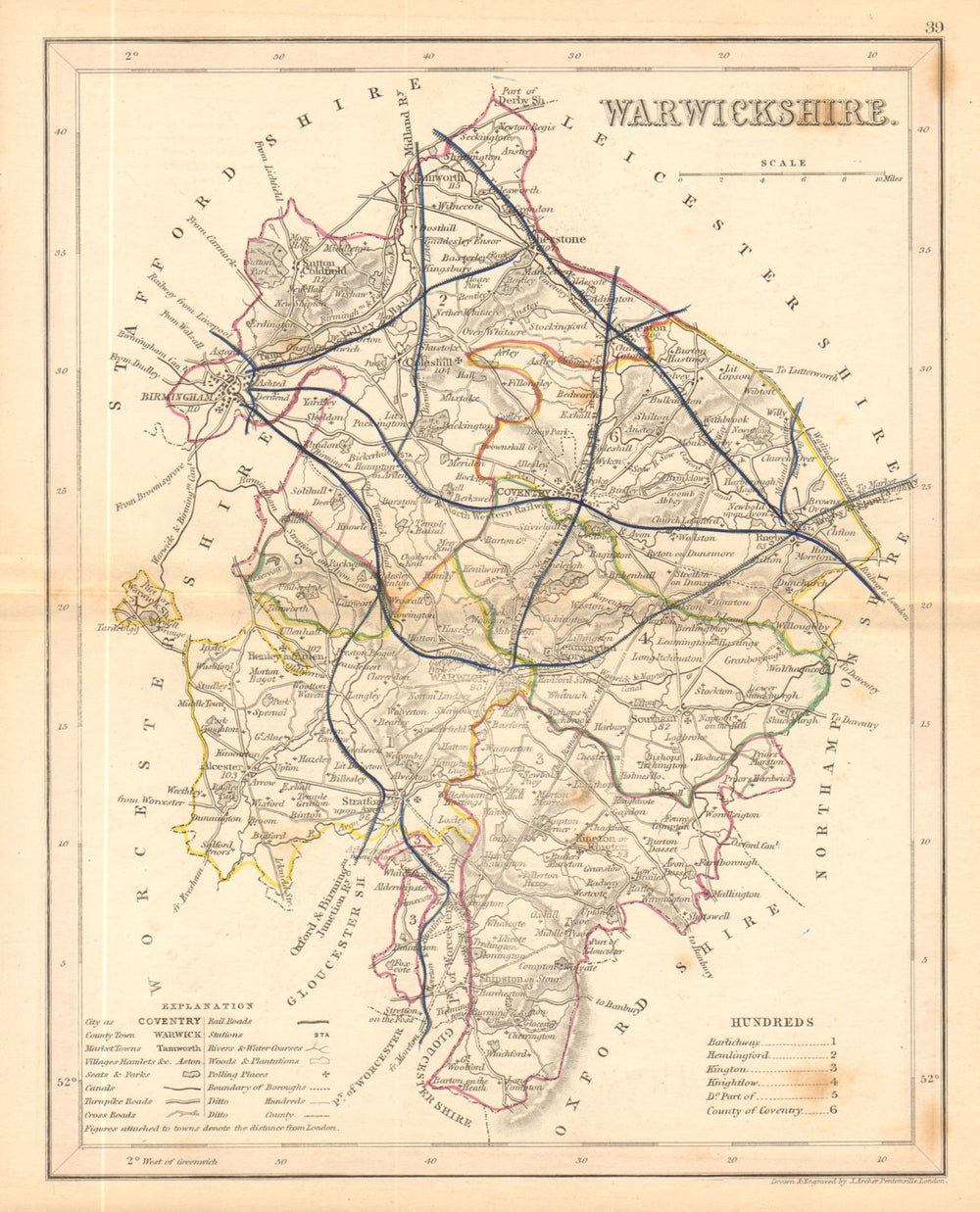 WARWICKSHIRE county map by ARCHER & DUGDALE. Seats canals polling places 1845