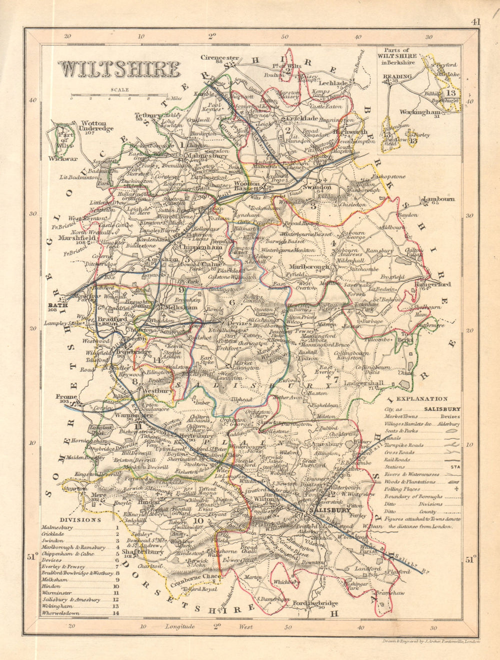 WILTSHIRE county map by ARCHER & DUGDALE. Canals polling places exclaves 1845