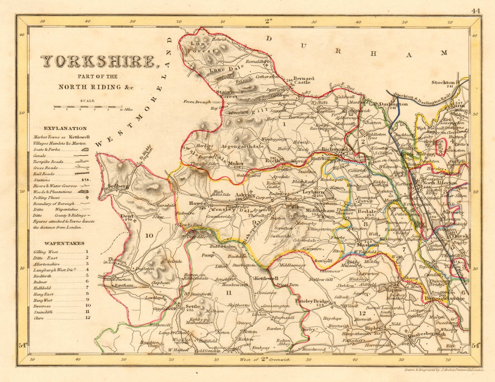 YORKSHIRE, NORTH WEST county map showing wapentakes by ARCHER & DUGDALE 1845