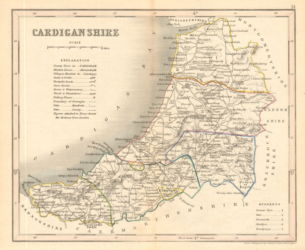 CARDIGANSHIRE county map by ARCHER & DUGDALE. Seats canals polling places 1845