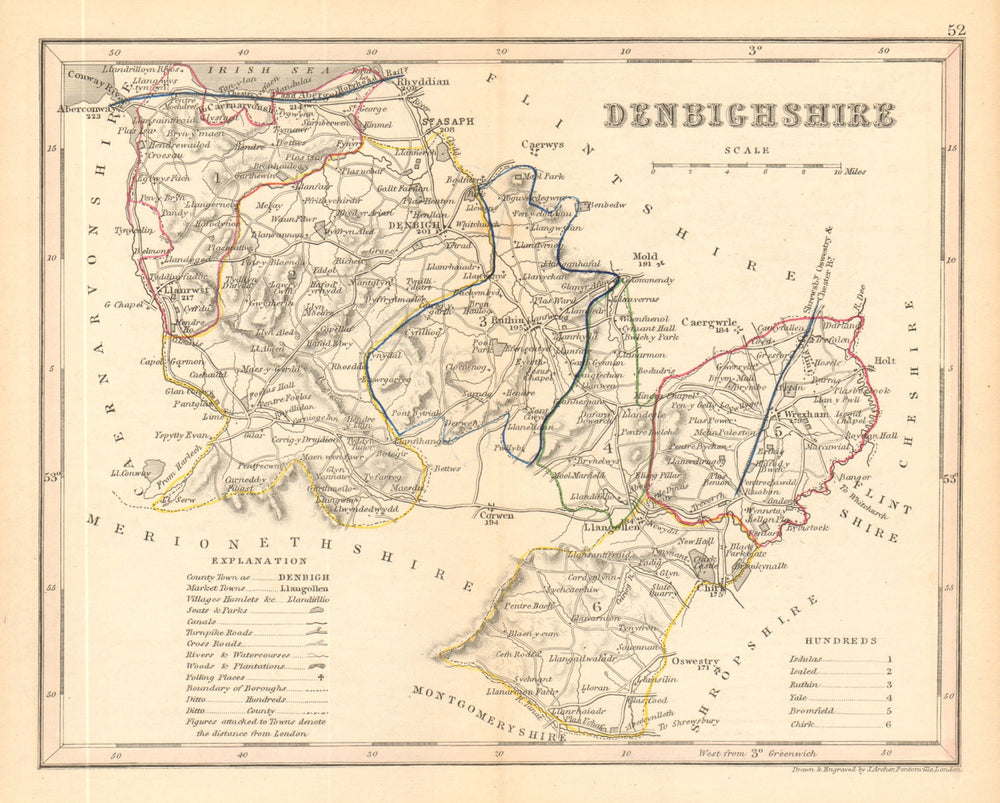 DENBIGHSHIRE county map by ARCHER & DUGDALE. Seats canals polling places 1845