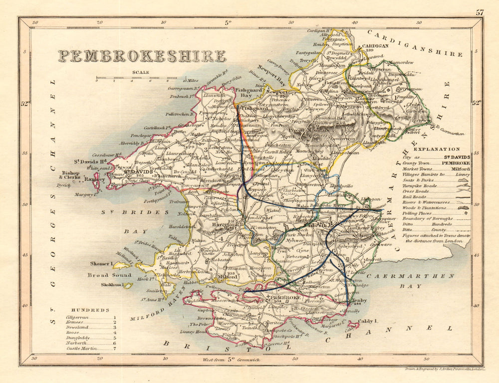 PEMBROKESHIRE county map by ARCHER & DUGDALE. Seats canals polling places 1845