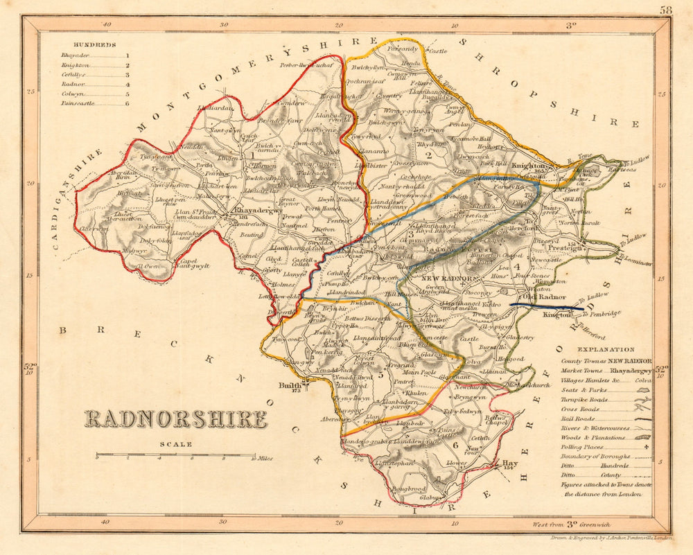 RADNORSHIRE county map by ARCHER & DUGDALE. Seats canals polling places 1845