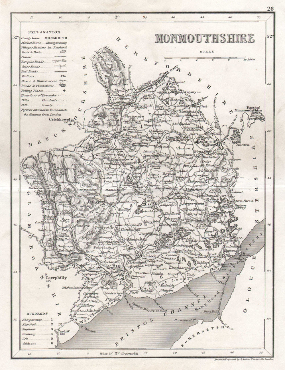 MONMOUTHSHIRE county map by DUGDALE/ARCHER. Seats canals polling places 1845