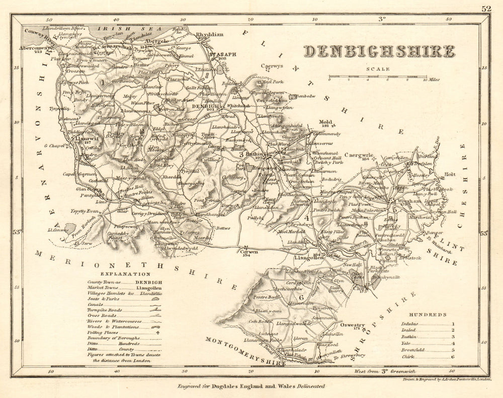 DENBIGHSHIRE county map by DUGDALE/ARCHER. Seats canals polling places 1845