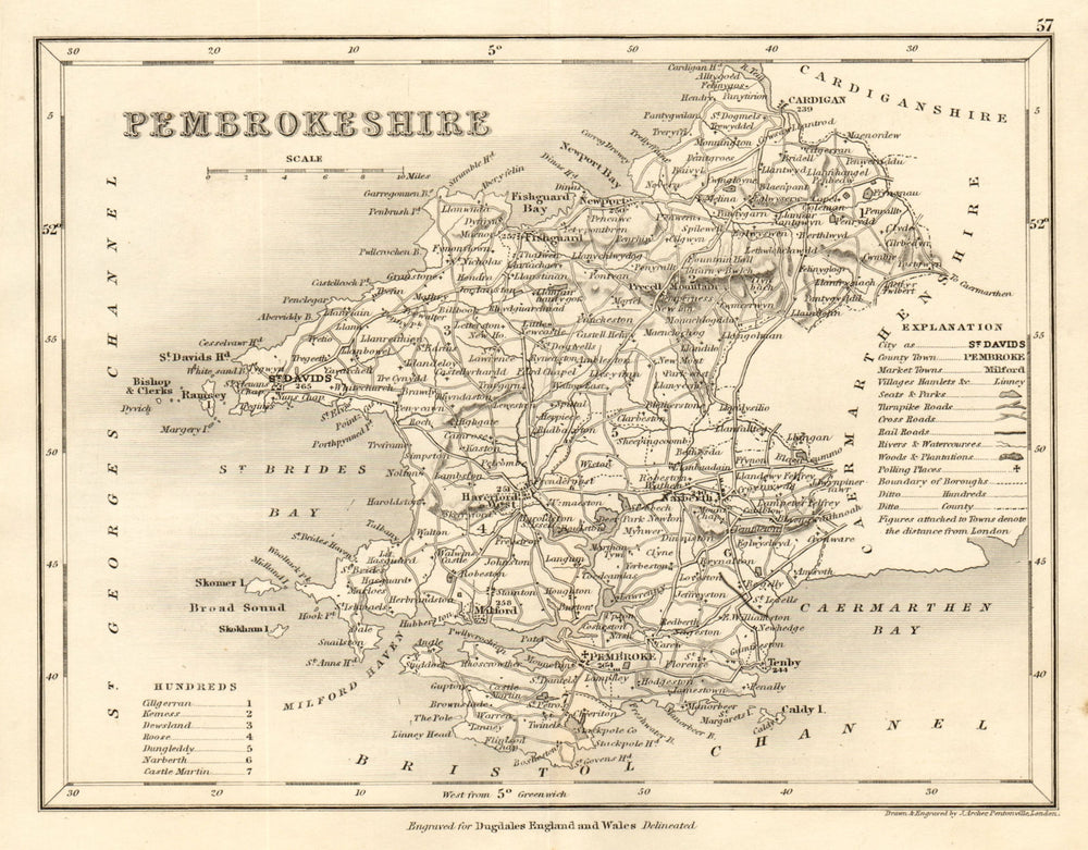 PEMBROKESHIRE county map by DUGDALE/ARCHER. Seats canals polling places 1845