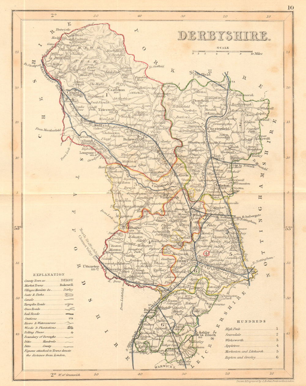 DERBYSHIRE county map by ARCHER & DUGDALE. Peak District. Polling places c1845