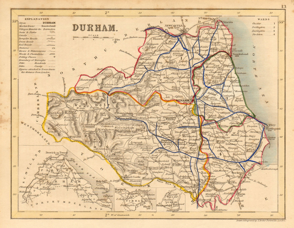 DURHAM county map w/ exclaves. ARCHER & DUGDALE. Seats polling places c1845