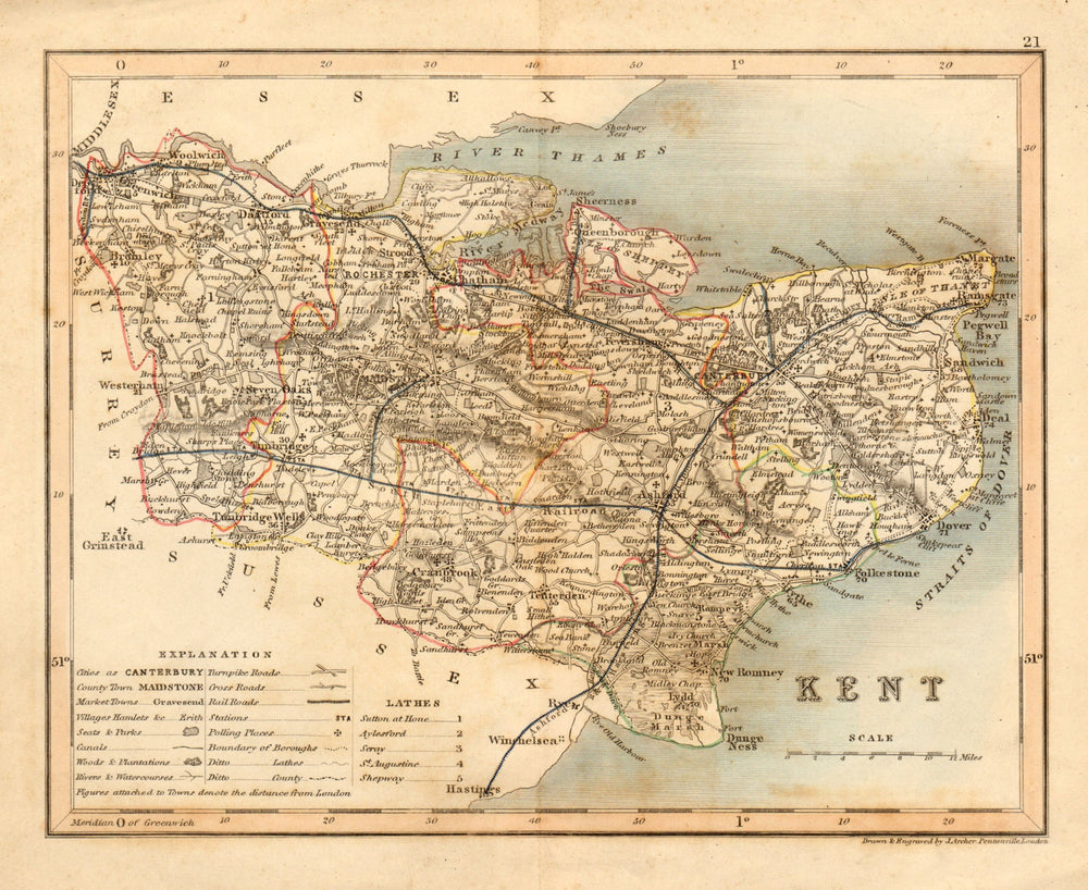 KENT map by ARCHER & DUGDALE. Seats canals polling places c1845 old