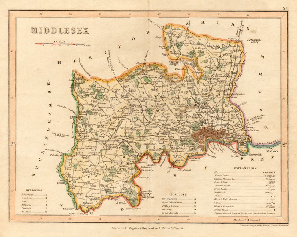 MIDDLESEX map by ARCHER & DUGDALE. Seats canals polling places c1845 old