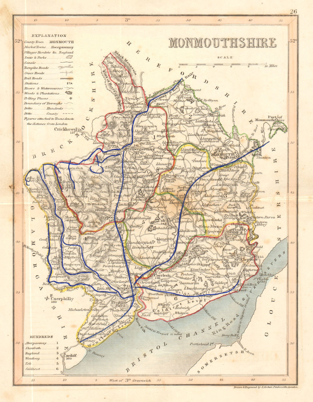 MONMOUTHSHIRE map by ARCHER & DUGDALE. Seats canals polling places c1845