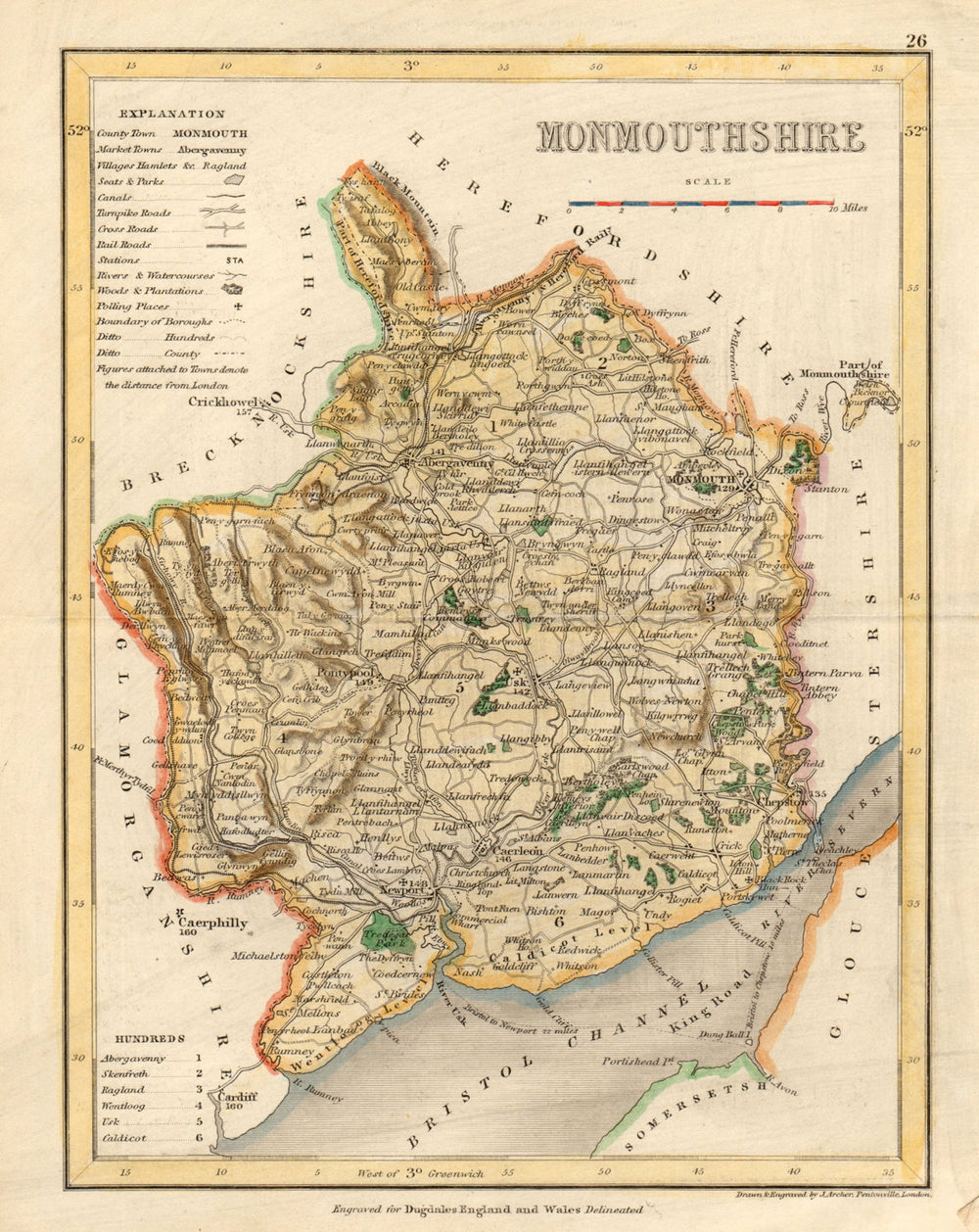 MONMOUTHSHIRE map by ARCHER & DUGDALE. Seats polling places canals c1845