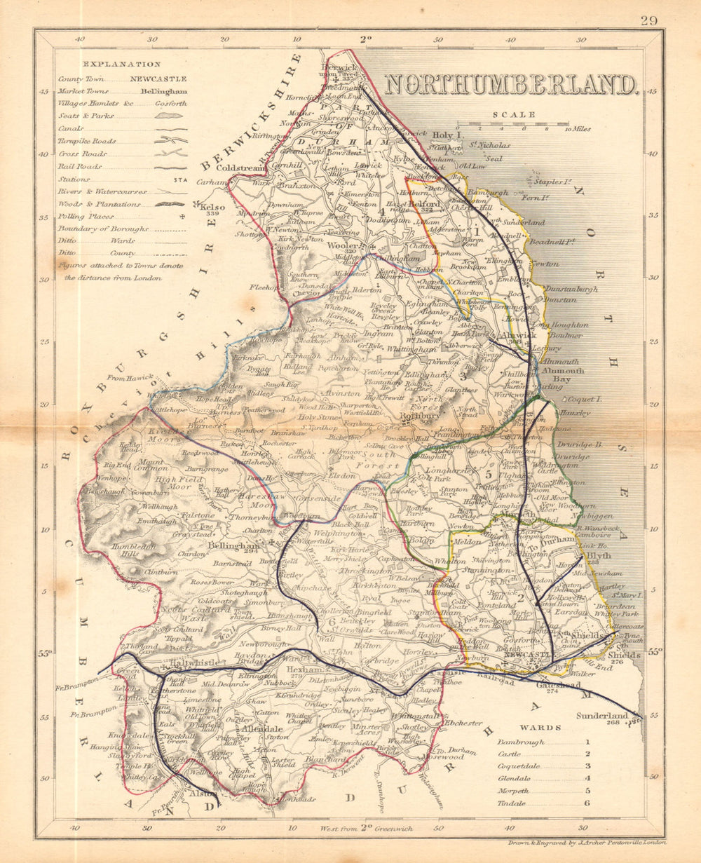 NORTHUMBERLAND map by ARCHER & DUGDALE. Seats canals polling places c1845
