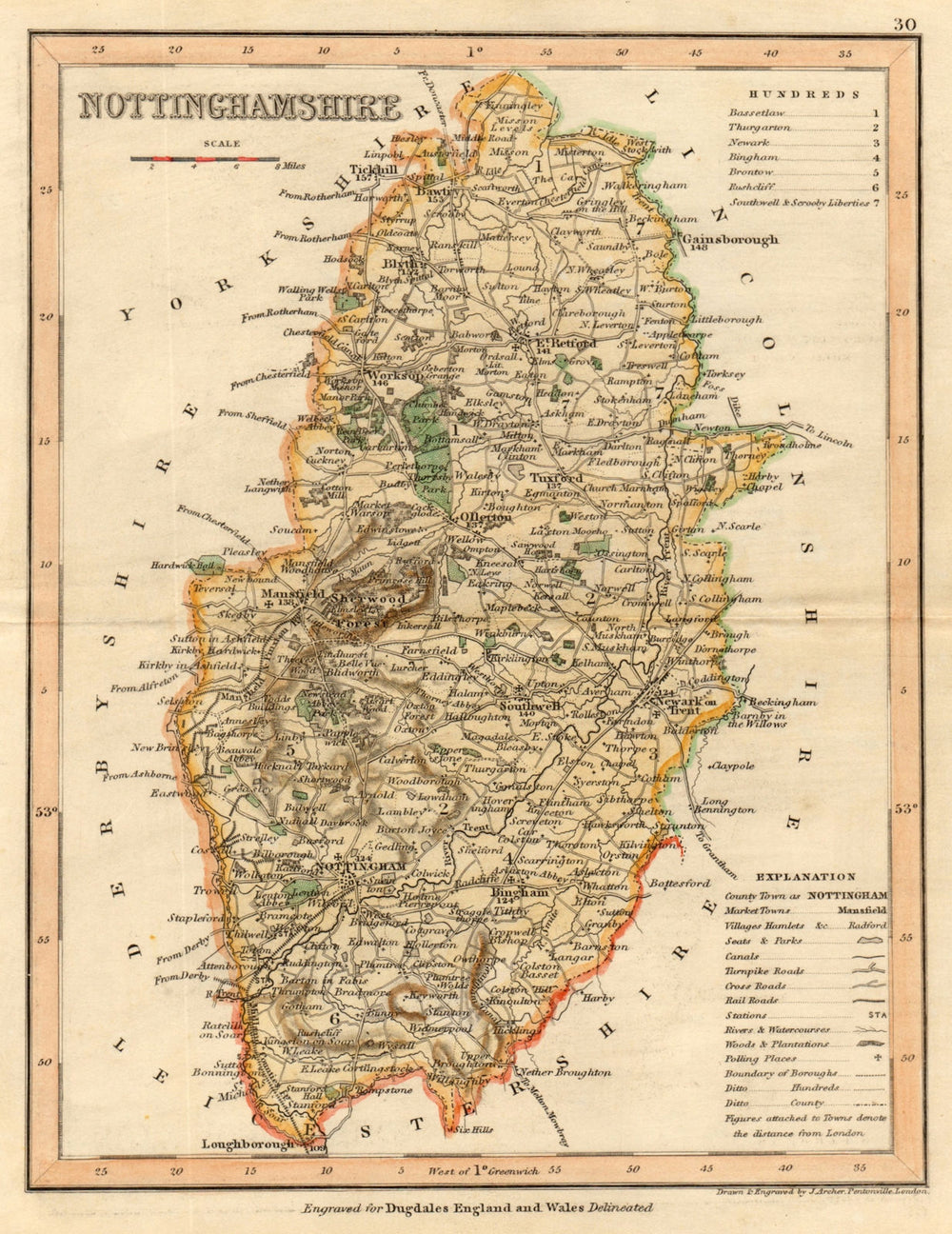NOTTINGHAMSHIRE map by ARCHER & DUGDALE. Seats canals polling places c1845