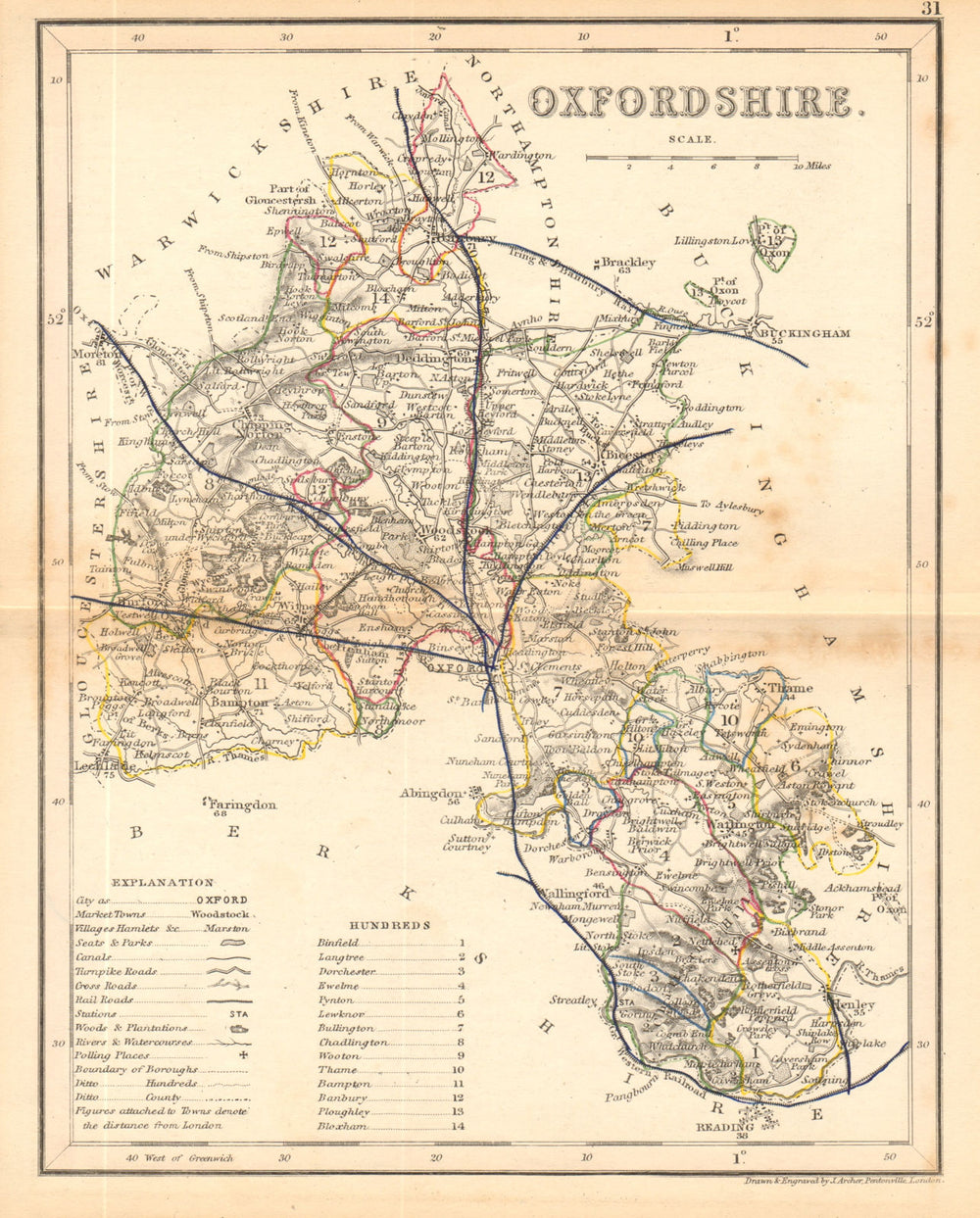 OXFORDSHIRE county map by ARCHER & DUGDALE. Seats canals polling places c1845