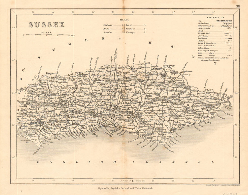 SUSSEX county map by ARCHER & DUGDALE. Seats polling places canals c1845