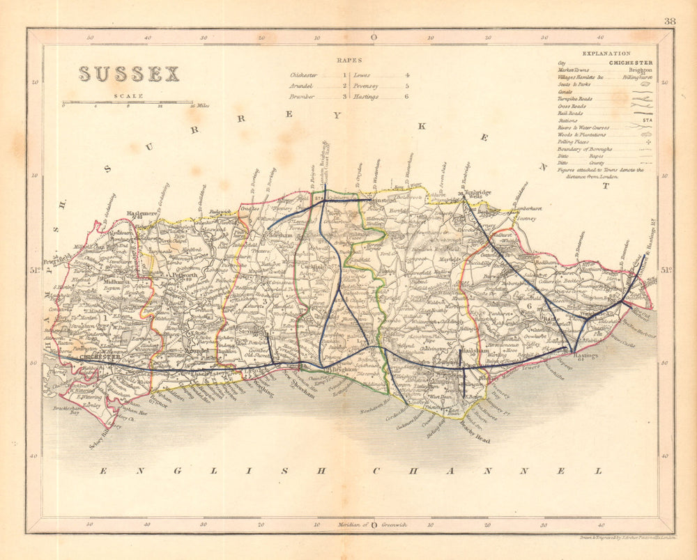 SUSSEX county map by ARCHER & DUGDALE. Canals seats polling places c1845
