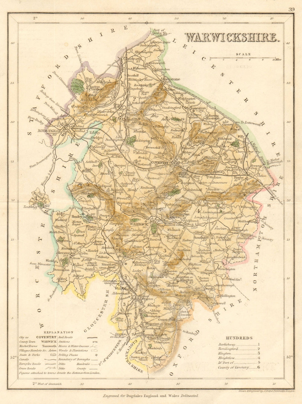 WARWICKSHIRE county map by ARCHER & DUGDALE. Seats canals polling places c1845