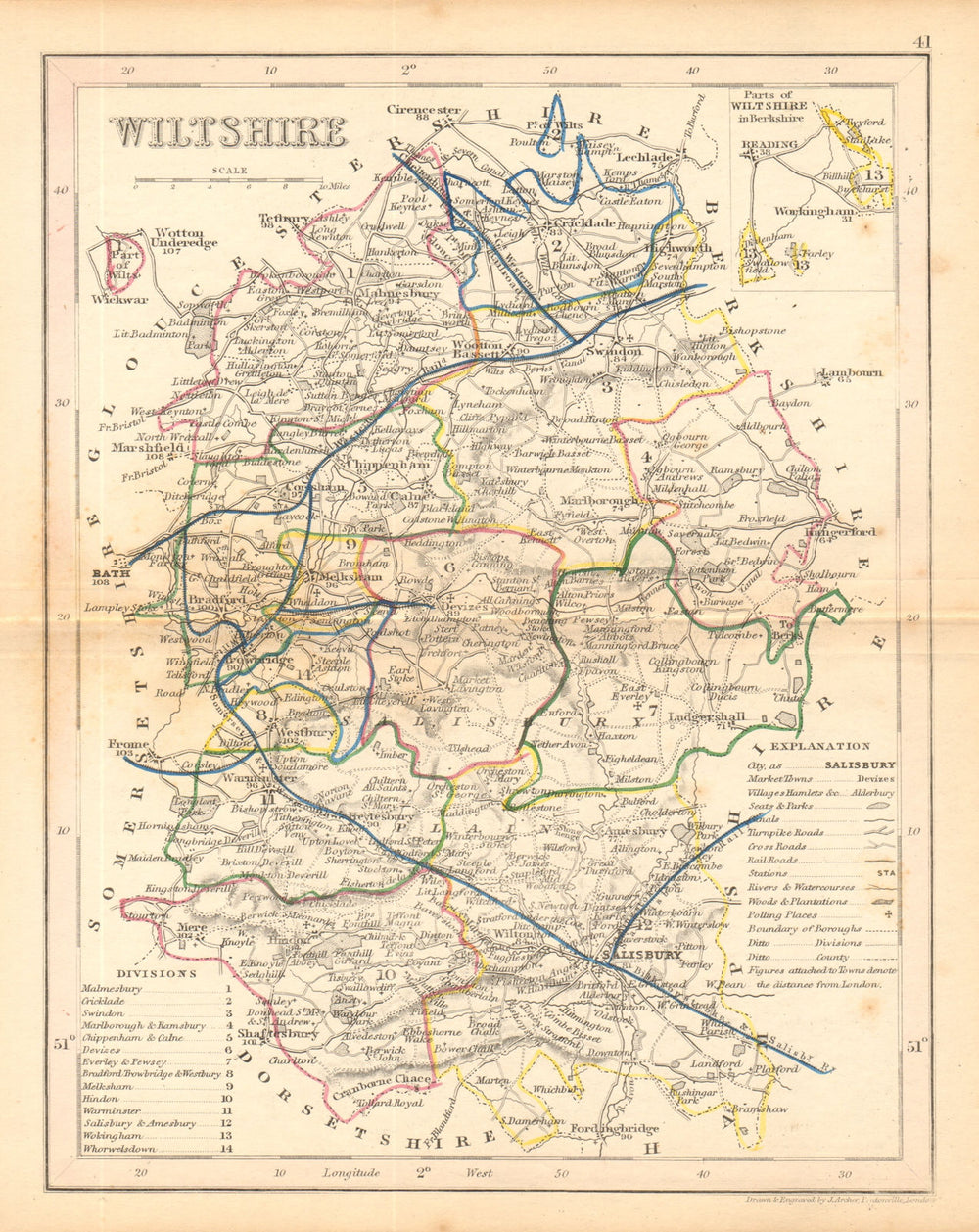 WILTSHIRE county map by ARCHER & DUGDALE. Canals polling places exclaves c1845