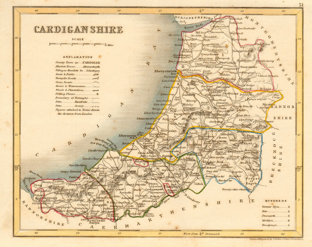 CARDIGANSHIRE county map by ARCHER & DUGDALE. Seats canals polling places c1845
