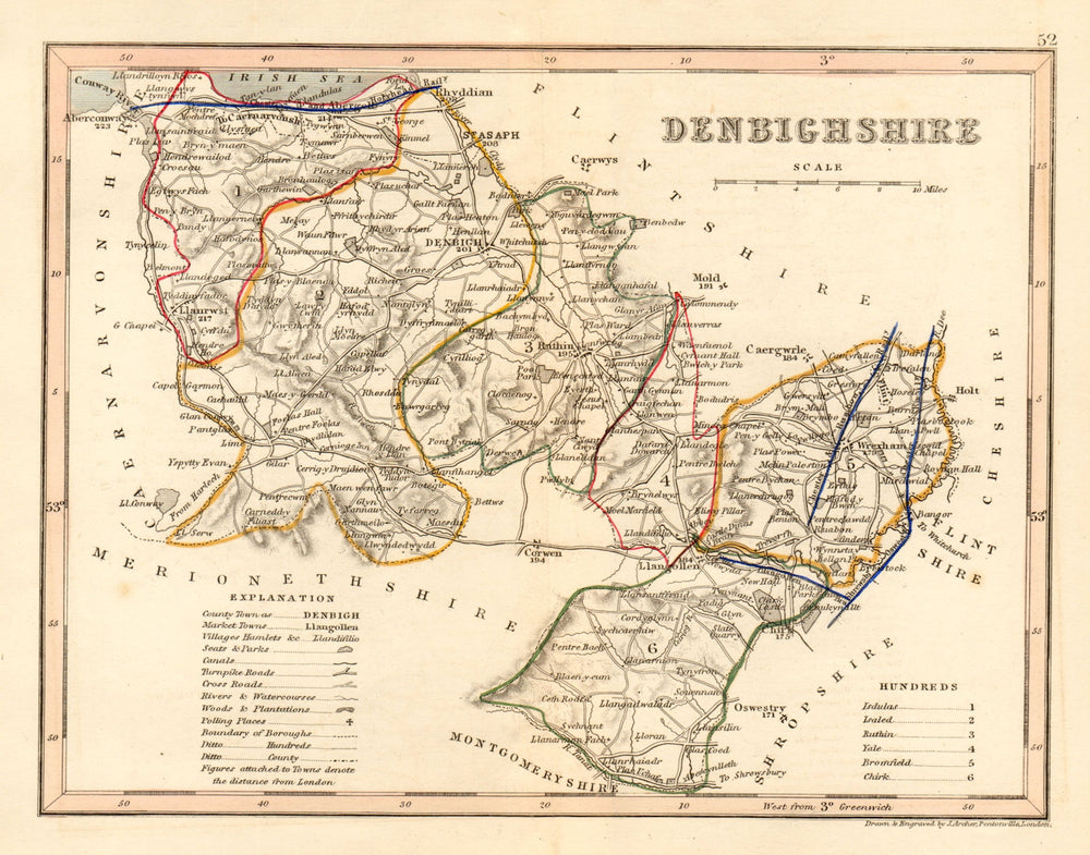 DENBIGHSHIRE county map by ARCHER & DUGDALE. Seats canals polling places c1845