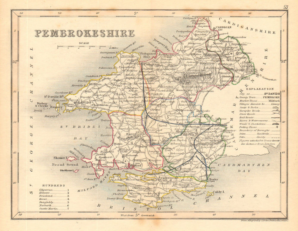 PEMBROKESHIRE county map by ARCHER & DUGDALE. Seats canals polling places c1845