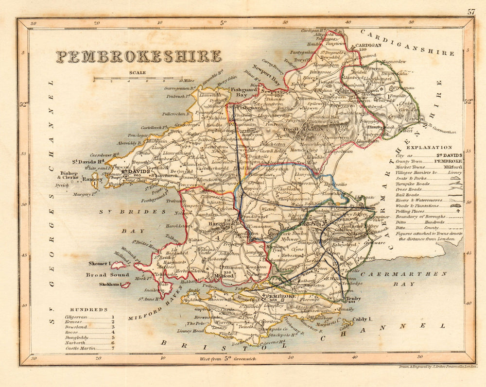 PEMBROKESHIRE county map by ARCHER & DUGDALE. Seats polling places canals c1845