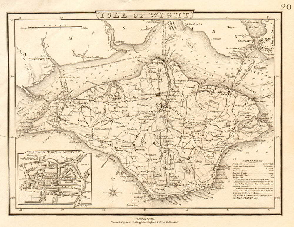 Antique ISLE OF WIGHT map by George COLE & John ROPER. Inset Newport plan c1835