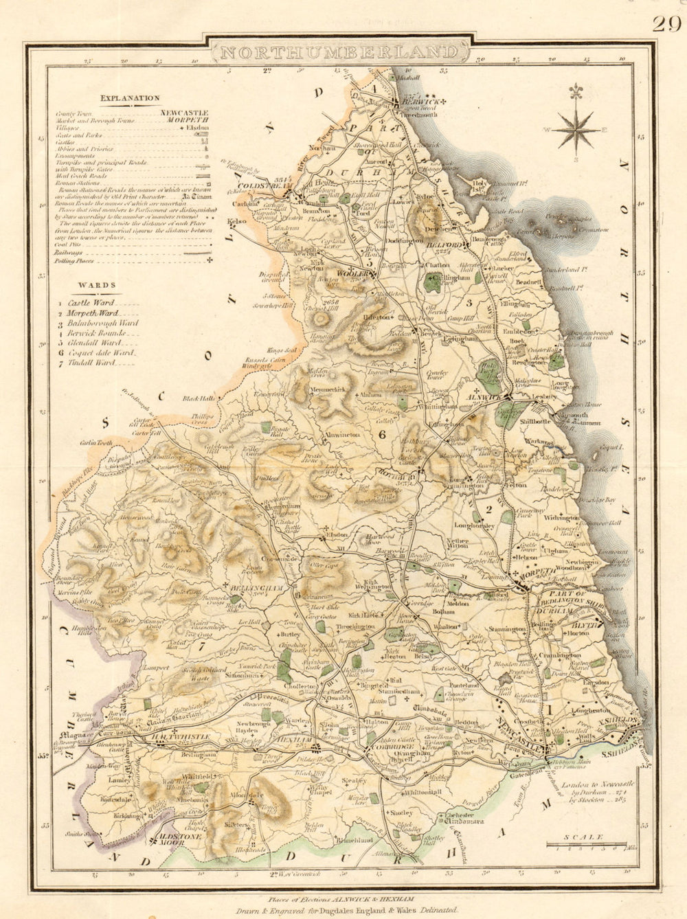 Antique county map of NORTHUMBERLAND by George COLE & John ROPER c1835 old