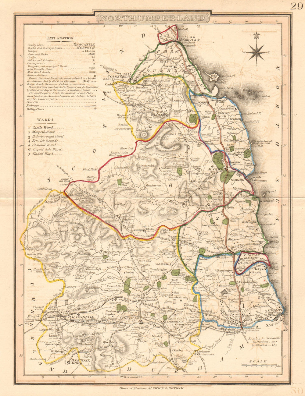 Antique county map of NORTHUMBERLAND by George COLE & John ROPER. OOC c1835