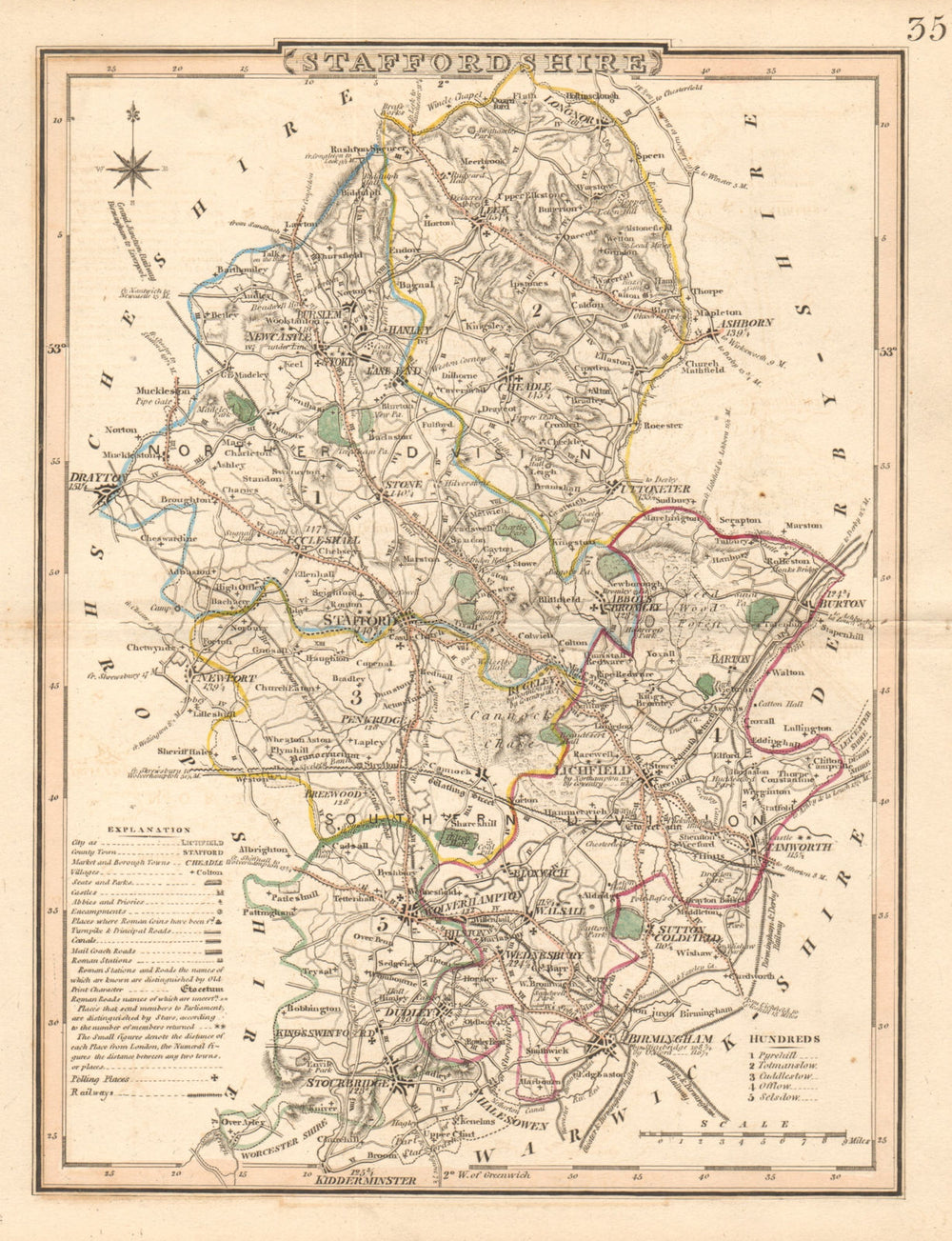 Antique county map of STAFFORDSHIRE by George COLE & John ROPER c1835 old