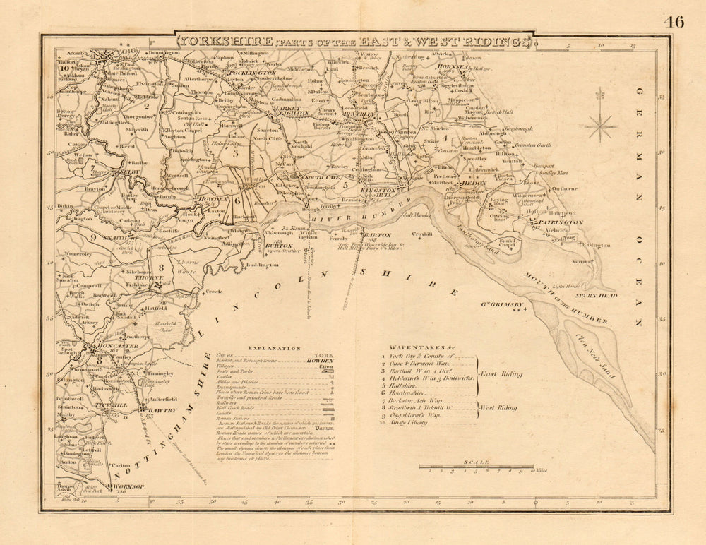 Antique county map of South YORKSHIRE by COLE & ROPER. Humber estuary c1835