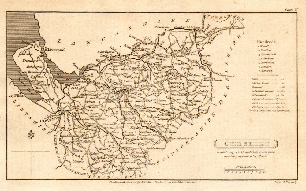 Antique county map of CHESHIRE by Henry Cooper for Benjamin Pitts Capper 1808