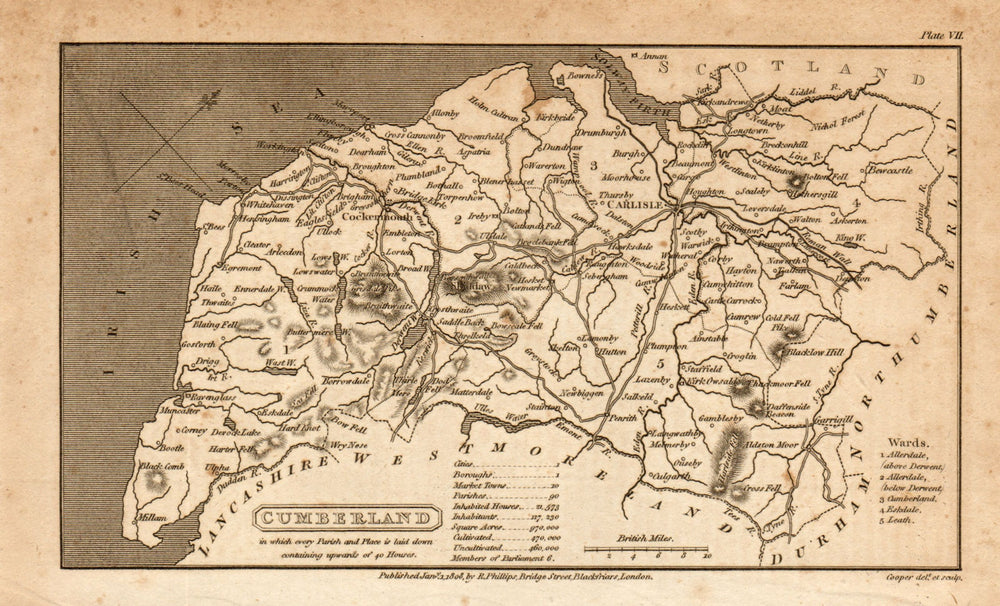 Antique county map of CUMBERLAND by Henry Cooper for Benjamin Pitts Capper 1808