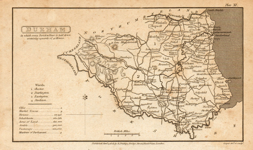 Antique map of County DURHAM by Henry Cooper for Benjamin Pitts Capper 1808