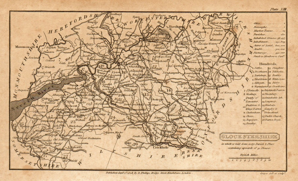 Antique "GLOCESTERSHIRE" county map by Cooper for Capper. Gloucestershire 1808