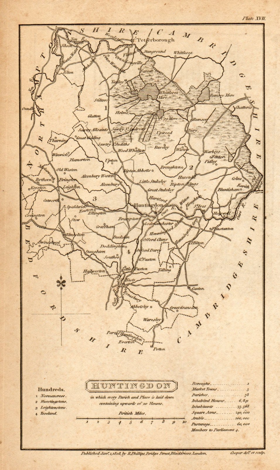 Antique county map of HUNTINGDON by Henry Cooper for Benjamin Pitts Capper 1808