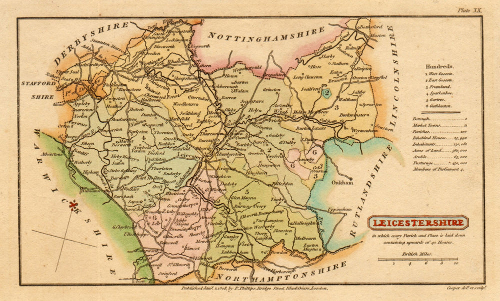 Antique county map of LEICESTERSHIRE by Henry Cooper for Capper. Coloured 1808
