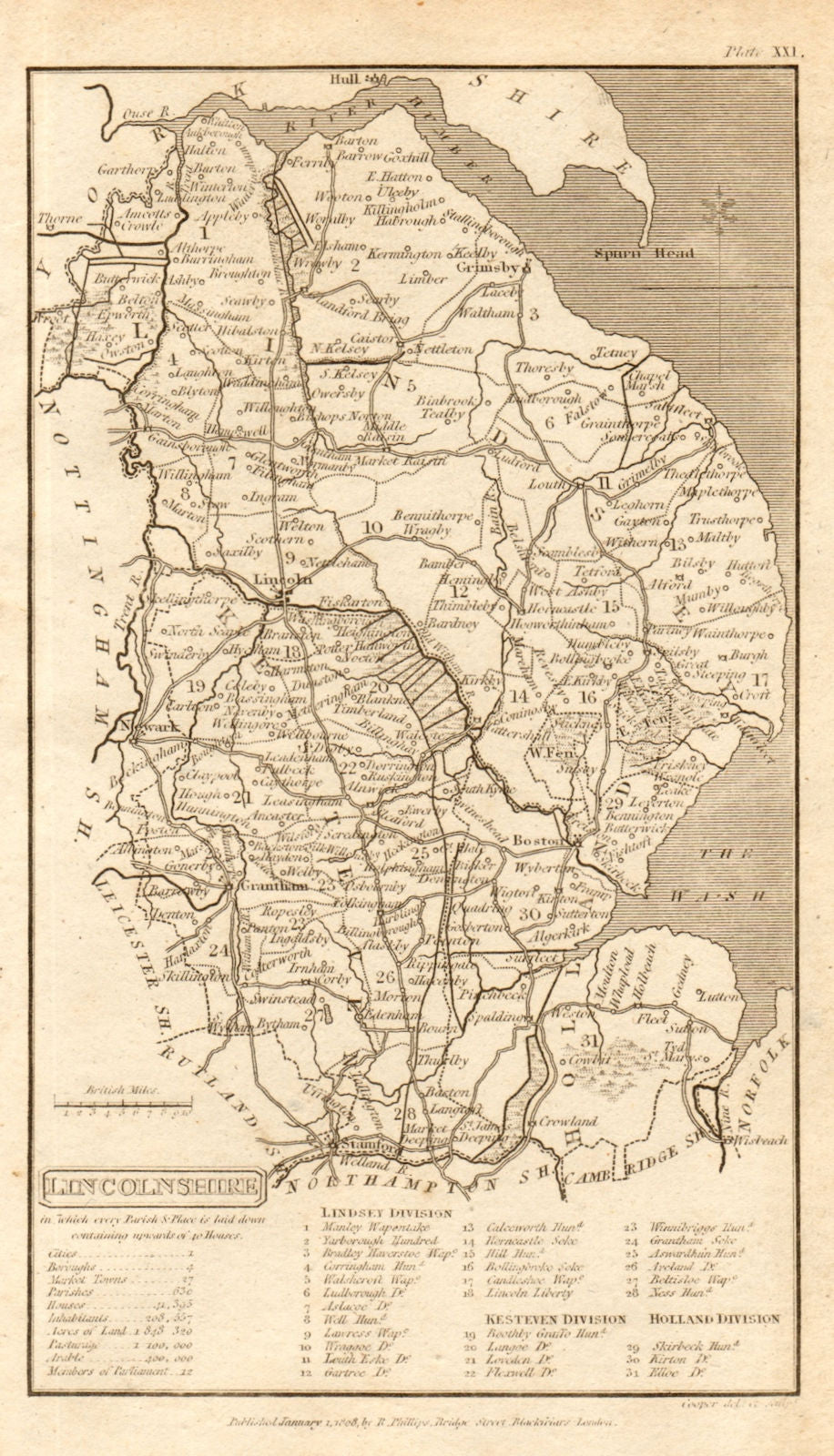 Antique county map of LINCOLNSHIRE by Henry Cooper for Benjamin Capper 1808