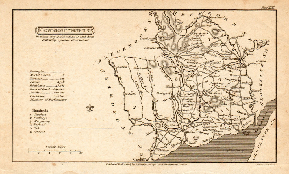 Antique county map of MONMOUTHSHIRE by Henry Cooper for Benjamin Capper 1808