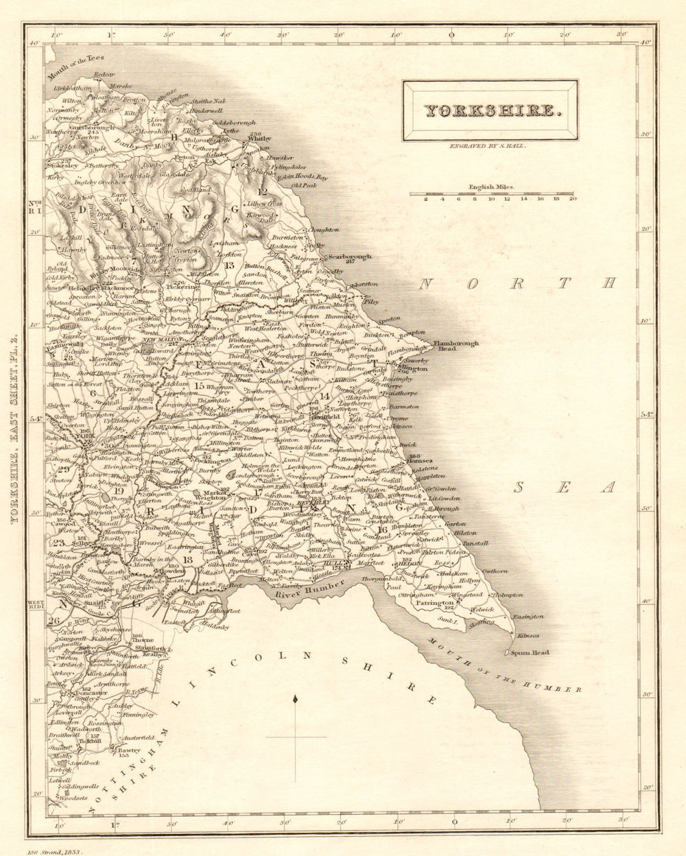 Antique county map of eastern YORKSHIRE by Sidney Hall 1833 old