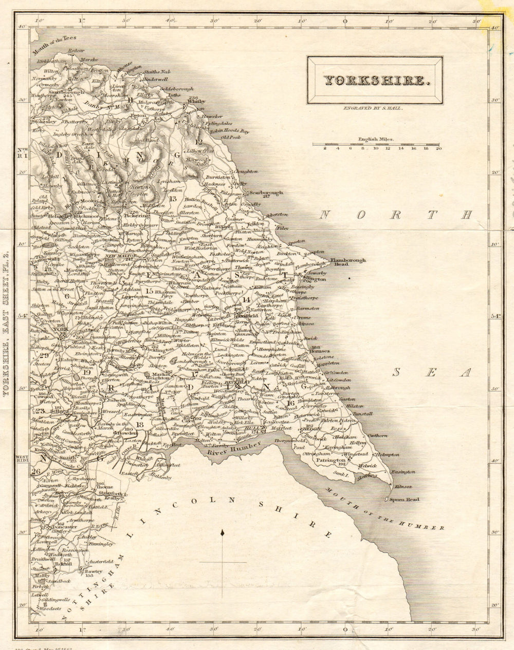 Antique county map of eastern YORKSHIRE by Sidney Hall 1832 old