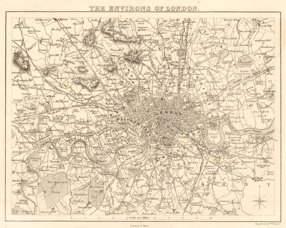 The environs of London by William Hughes c1835 old antique map plan chart