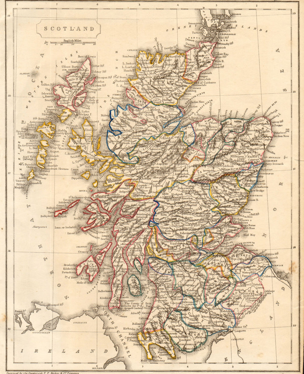 Scotland antique omnigraph map by Francis Paul Becker c1848 old
