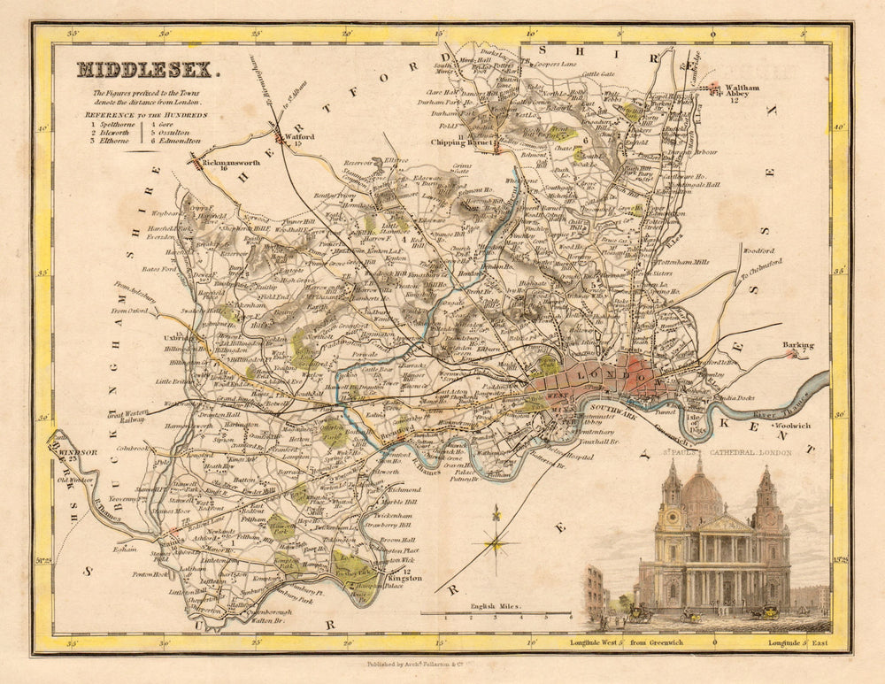 Antique county map of Middlesex by Archibald Fullarton. London railways c1833