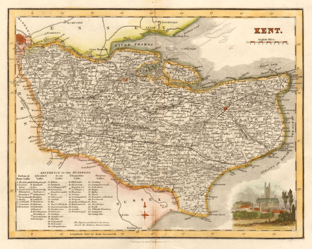 Antique county map of Kent by Archibald Fullarton. Hand coloured c1833 old