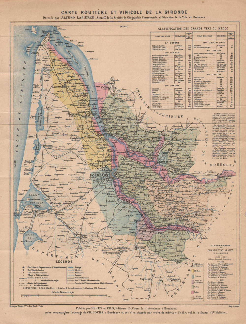 Carte Routière et Vinicole de la Gironde. Bordeaux wine. COCKS & FERET 1898 map