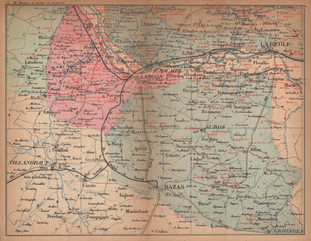 BORDEAUX WINE MAP. La Réole. Graves Entre-deux-Mers chateaux. COCKS & FERET 1898